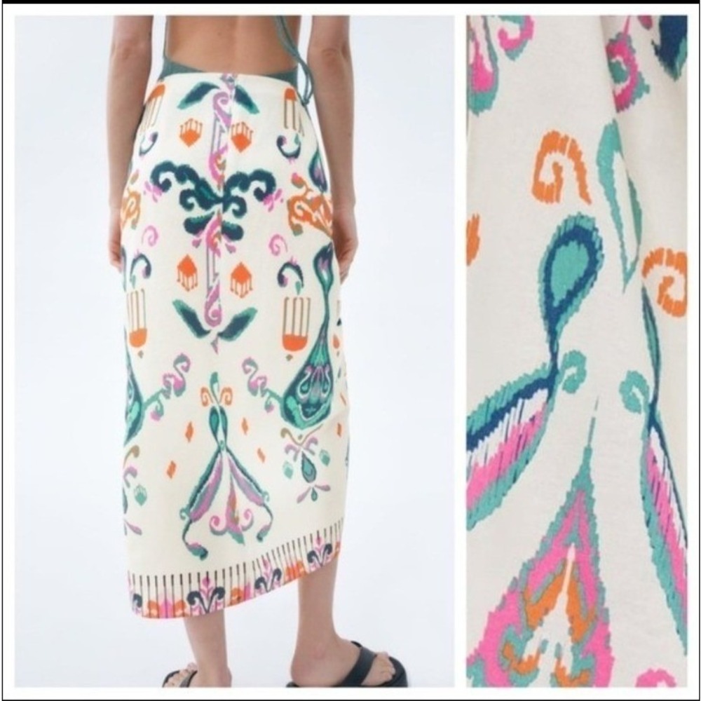 Zara Midi Skirt Womens S Ivory Linen Blend Knotted Pareo Boho Ikat High-Waisted - Picture 3 of 14